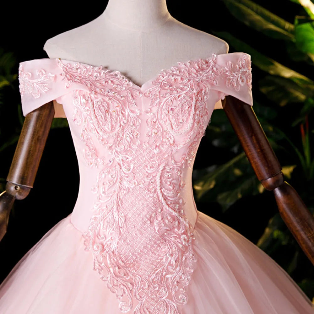 JEHETH Lace Appliques Beading Pink Prom Dress Off the Shoulder Evening Party Gown for Women Lace Up Balll Gown Floor Length