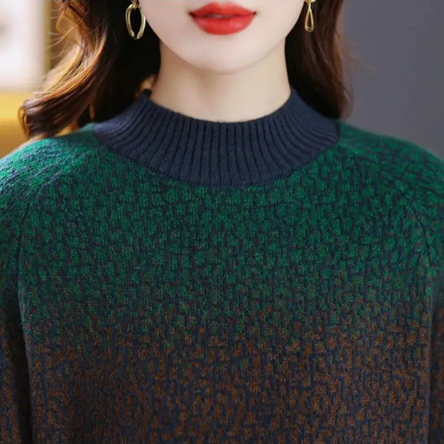 Oversize Women Fashion Knitting Dresses 2023 Vintage Gradient Half High Collar Pullover Office Lady Long Sweater Bottom Dress