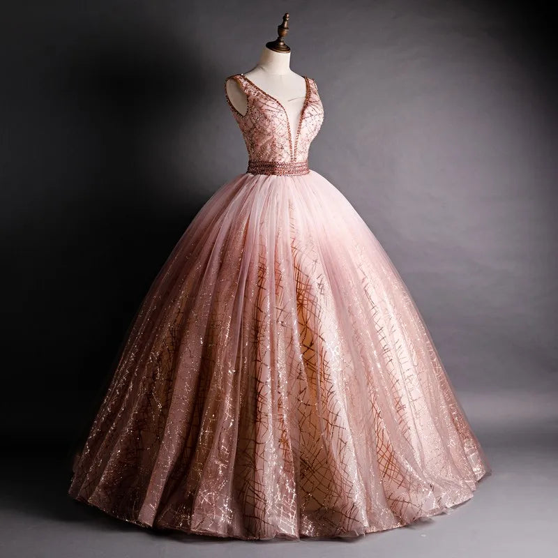 Quinceanera Dress 2021 New Luxury Deading Bling Bling Sequins Sleeveless V-neck Party Prom Ball Gown Vintage Quinceanera Dresses