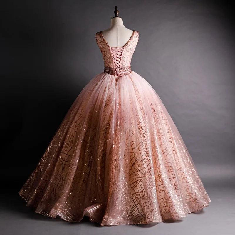 Quinceanera Dress 2021 New Luxury Deading Bling Bling Sequins Sleeveless V-neck Party Prom Ball Gown Vintage Quinceanera Dresses