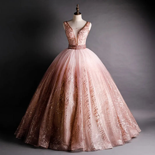 Quinceanera Dress 2021 New Luxury Deading Bling Bling Sequins Sleeveless V-neck Party Prom Ball Gown Vintage Quinceanera Dresses