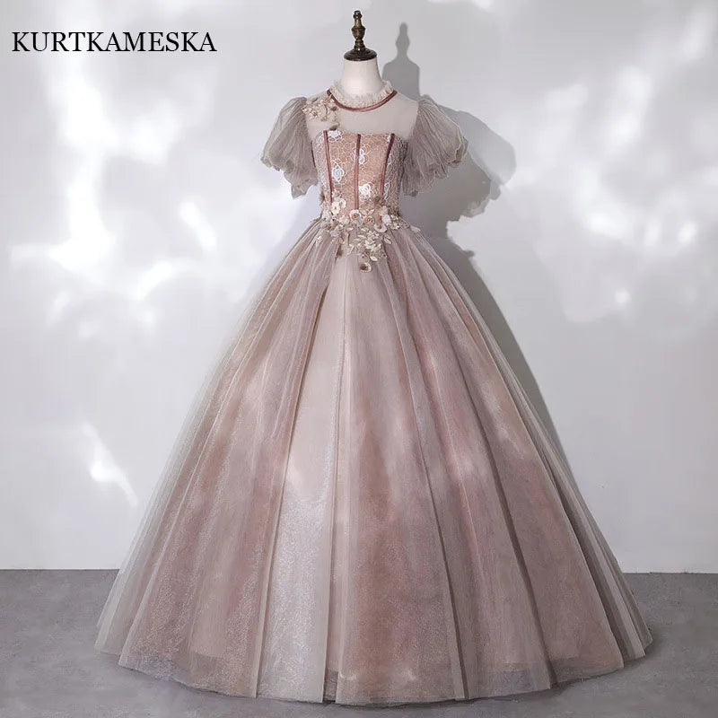 Puff Sleeve Dress Applique Decoration Evening Dress Women Elegant Banquet Temperament Dress Prom Dress Wedding Dress 3 Colors