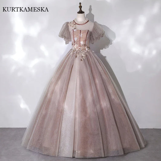 Puff Sleeve Dress Applique Decoration Evening Dress Women Elegant Banquet Temperament Dress Prom Dress Wedding Dress 3 Colors