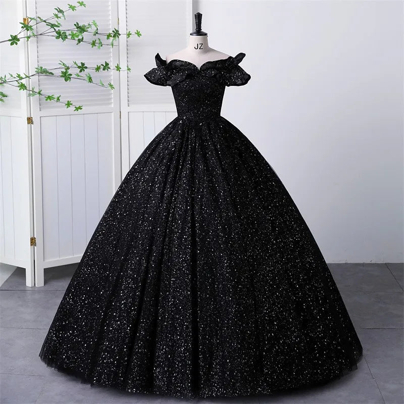 Off the shoulder Black Sweetheart Ball Gown Quinceanera Dresses Sparkly Tulle Formal Birthday Party Gowns