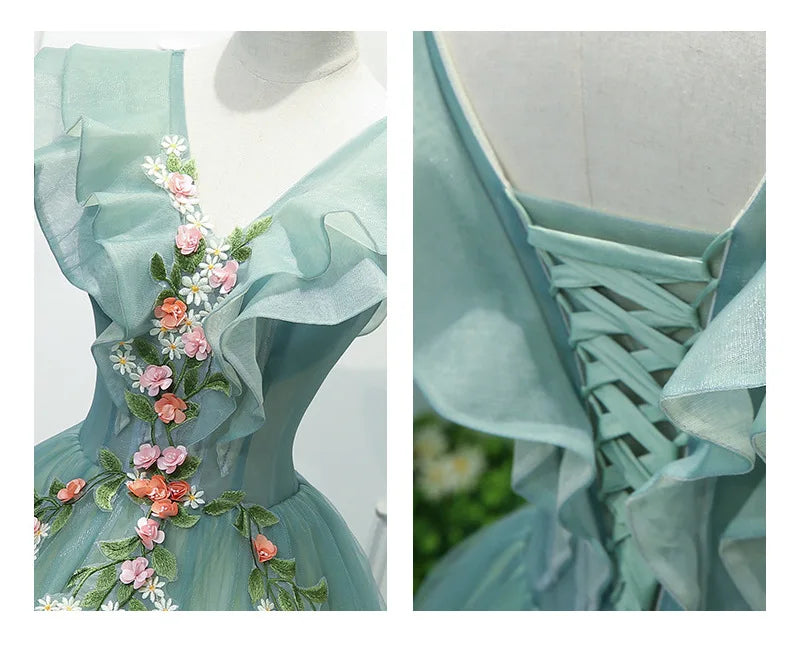 2024 Charming 3D Lace Flowers Prom Dresses Ruffles V neck Birthday Formal Evening Party Gown For Women فساتين للحفلات الراقصة