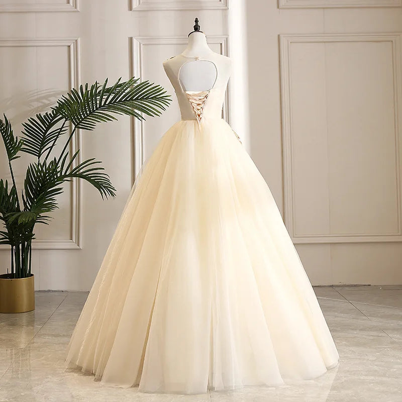Women's Luxurious Floral Embroidered Long Prom Evening Gown Temperament Sleeveless Round Neck Party Formal Host Princess Dress