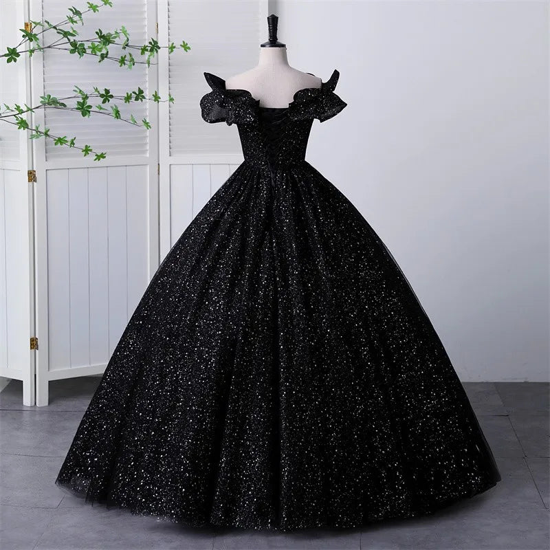 Off the shoulder Black Sweetheart Ball Gown Quinceanera Dresses Sparkly Tulle Formal Birthday Party Gowns