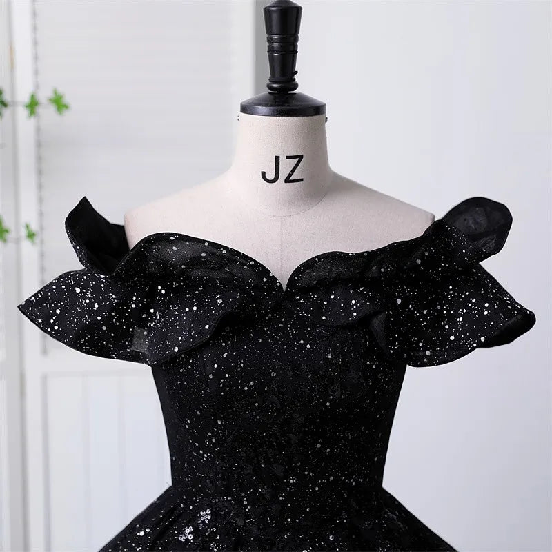 Off the shoulder Black Sweetheart Ball Gown Quinceanera Dresses Sparkly Tulle Formal Birthday Party Gowns