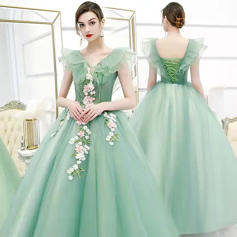 Ruffled Green Dress Printed Decorative Evening Dress Feminine Elegant Banquet Romantic Dress Prom Dress Wedding Dresses
