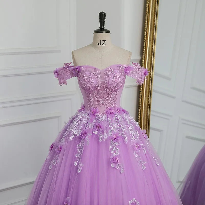 New Off The Shoulder Quinceanera Dresses Purple Tulle Floor-length Ball Gown Sweet Lace Flower Vestido De Debutante Plus Size