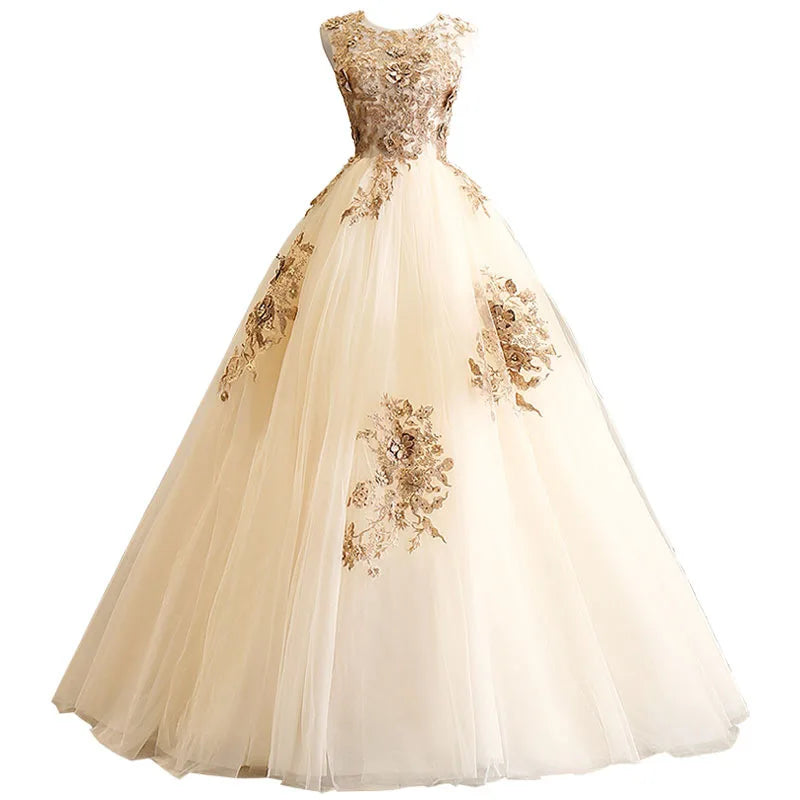 Women's Luxurious Floral Embroidered Long Prom Evening Gown Temperament Sleeveless Round Neck Party Formal Host Princess Dress