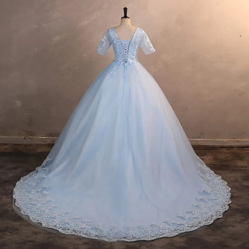 Half Sleeves Quinceanera Dresses Sweet Flower Party Dress Classic V-neck Ball Gown Real Photo Prom Gowns 2023 Autumn New