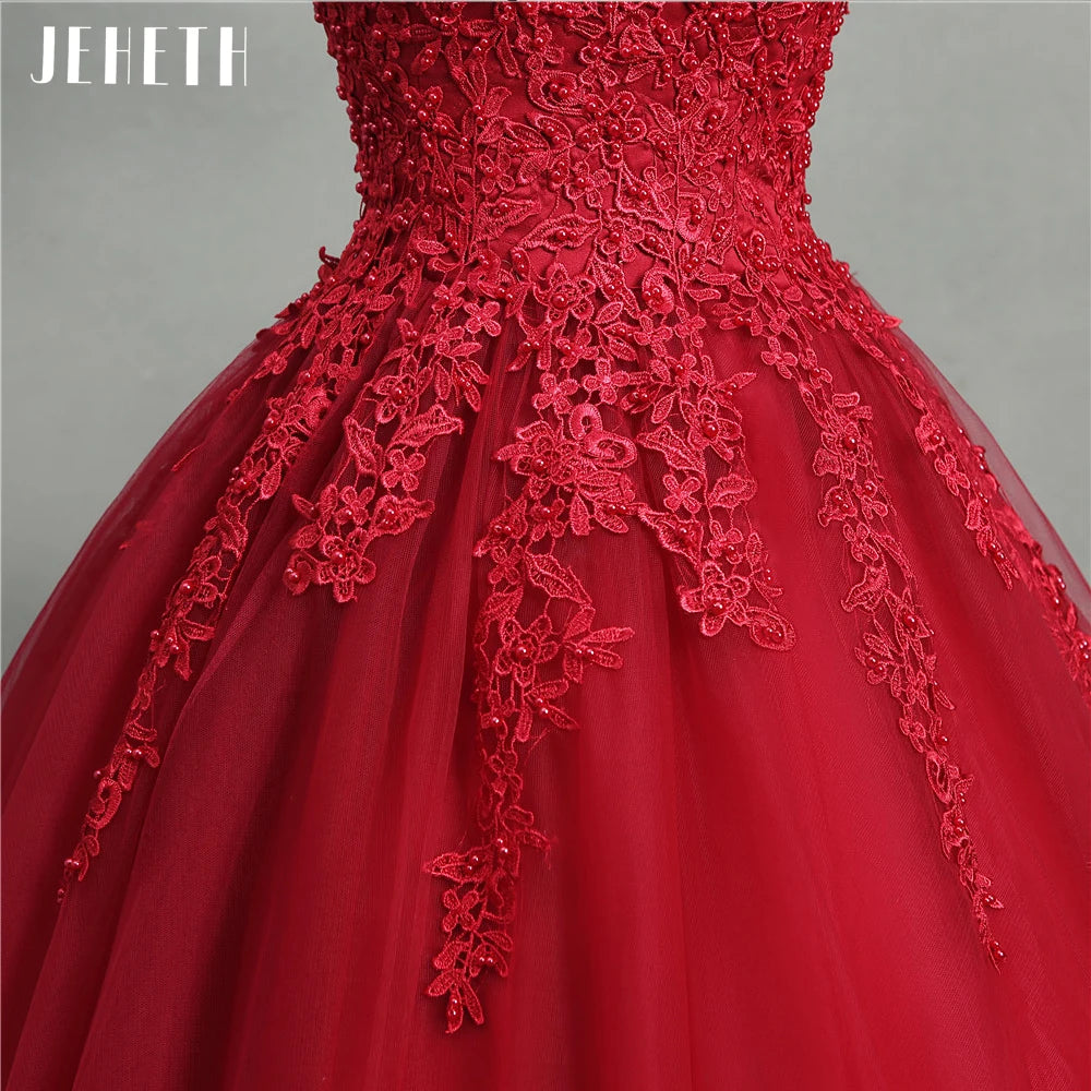 JEHETH Strap Sleeveless Prom Dress Lace Appliques Beading Party Gown for Women Lace Up Floor Length robes Sweetheart Quinceanera