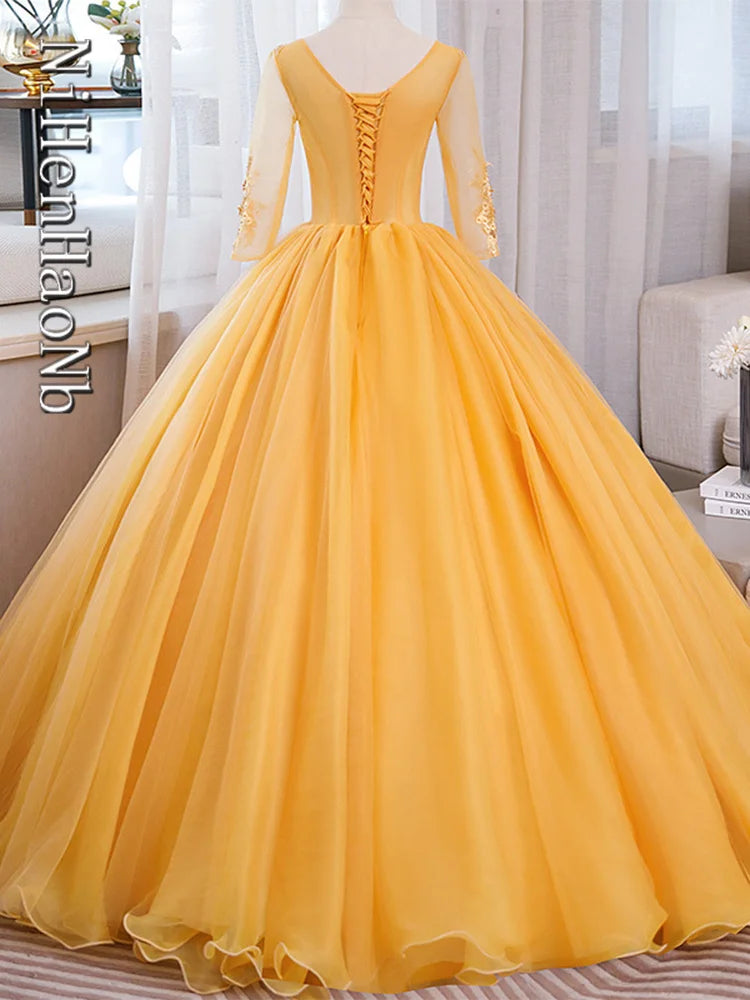 2023 New Logn Sleeve Quinceanera Dresses Gold Party Dress Elegant V-neck Ball Gown Luxury Prom Dress Formal Gown