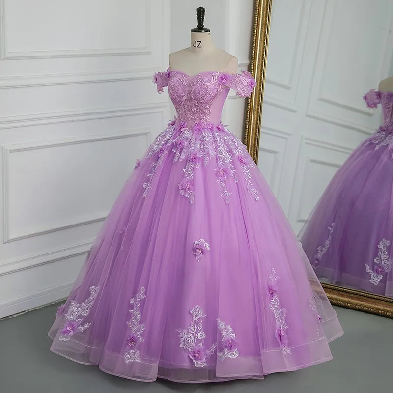 New Off The Shoulder Quinceanera Dresses Purple Tulle Floor-length Ball Gown Sweet Lace Flower Vestido De Debutante Plus Size