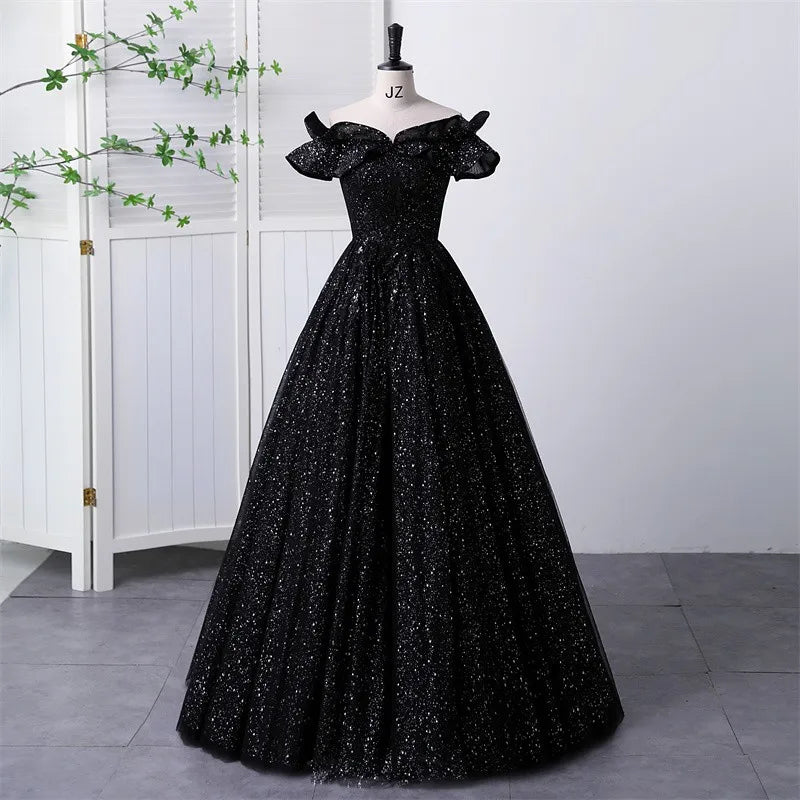 Off the shoulder Black Sweetheart Ball Gown Quinceanera Dresses Sparkly Tulle Formal Birthday Party Gowns