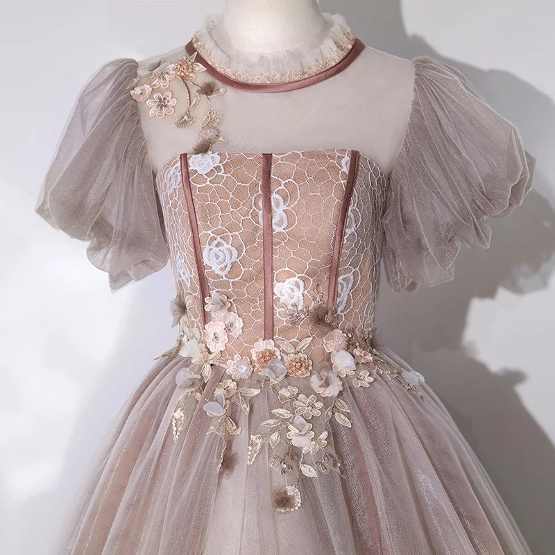 Puff Sleeve Dress Applique Decoration Evening Dress Women Elegant Banquet Temperament Dress Prom Dress Wedding Dress 3 Colors