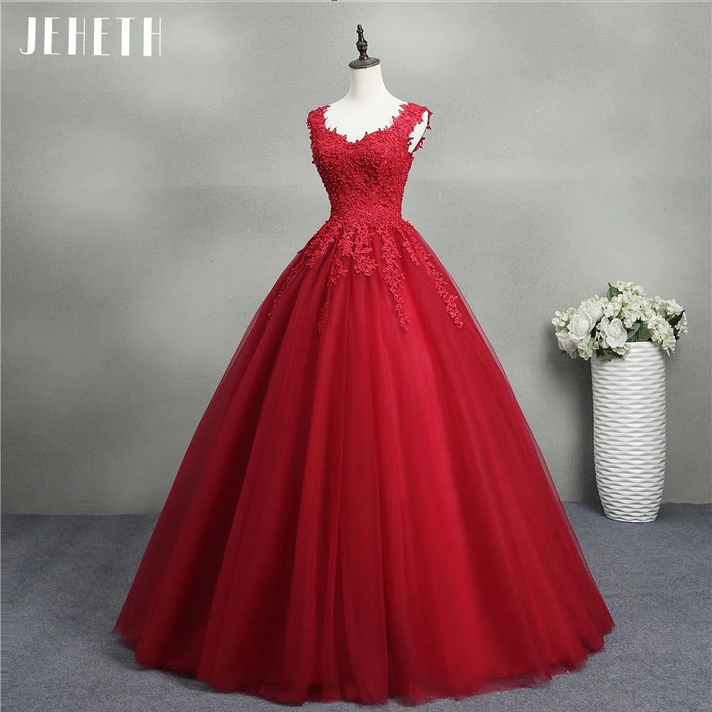 JEHETH Strap Sleeveless Prom Dress Lace Appliques Beading Party Gown for Women Lace Up Floor Length robes Sweetheart Quinceanera