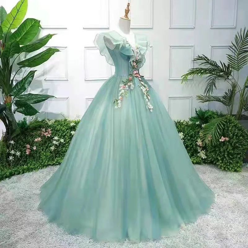 Ruffled Green Dress Printed Decorative Evening Dress Feminine Elegant Banquet Romantic Dress Prom Dress Wedding Dresses