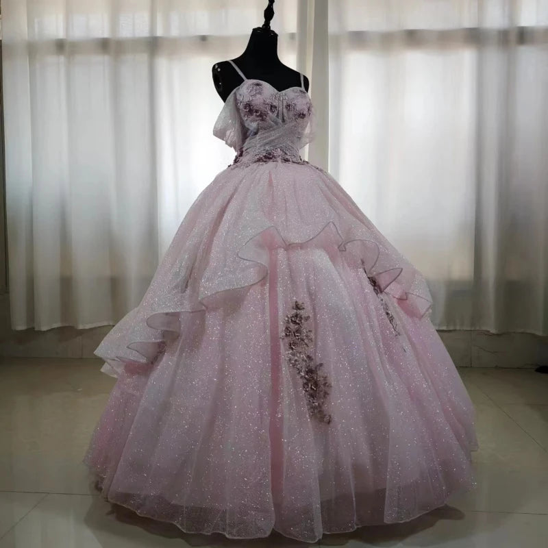 Real Photo Luxury Sequined Ball Gown Spaghetti Strap Pink Quinceanera Dress Sweet Party Vestidos 15 Anos Vintage Plus Size