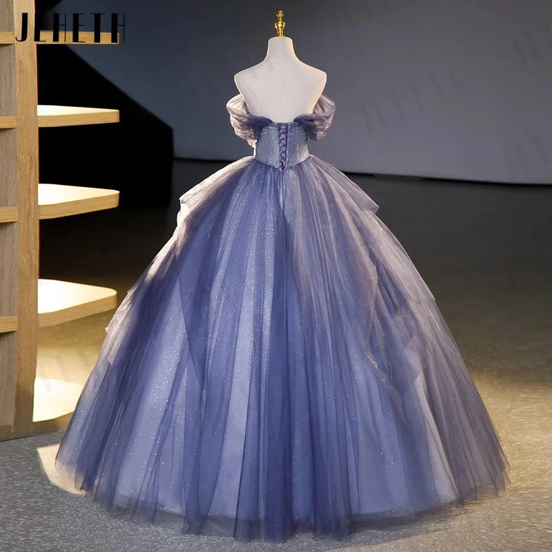 JEHETH Sparkling Off Shoulder Prom Dresses Birthday Formal Evening Party Gown Lace Up vestidos de gala Lux robe femme soirée