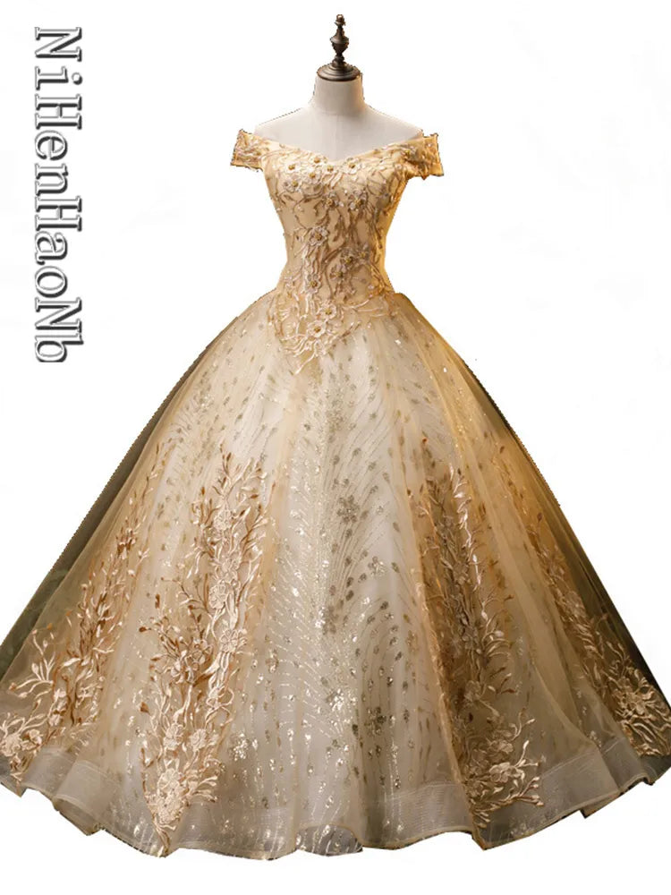 Gold Quinceanera Dress Off The Shoulder Party Prom Dress Ball Gown Vintage Lace Quinceanera Gown Plus Size Vestidos