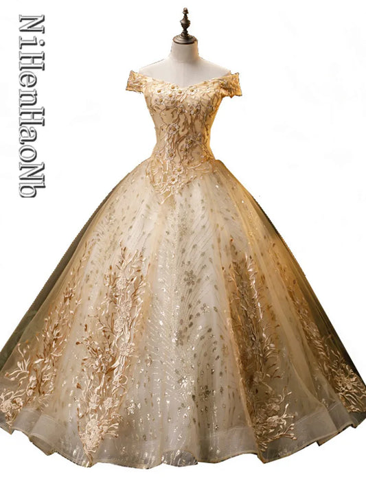 Gold Quinceanera Dress Off The Shoulder Party Prom Dress Ball Gown Vintage Lace Quinceanera Gown Plus Size Vestidos