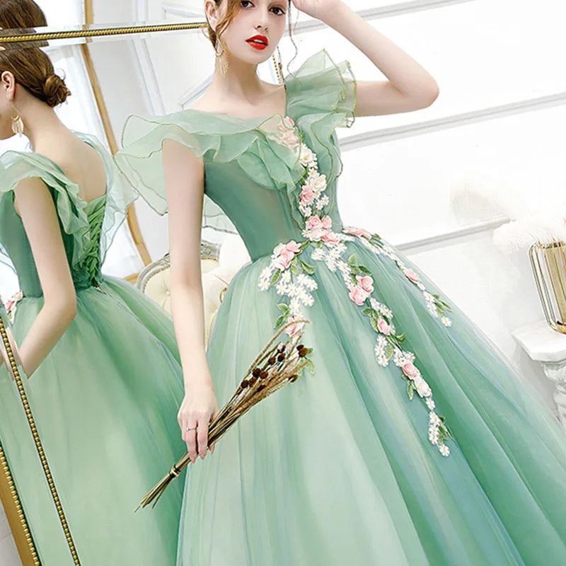 Ruffled Green Dress Printed Decorative Evening Dress Feminine Elegant Banquet Romantic Dress Prom Dress Wedding Dresses