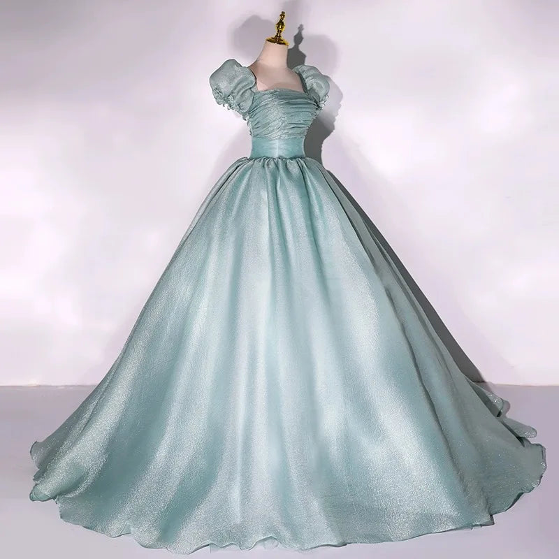 Organza Prom Dresses Puff Short Sleeves Princess Birthday Ball Gown Square Collar be de bal Formal Evening Party For Women