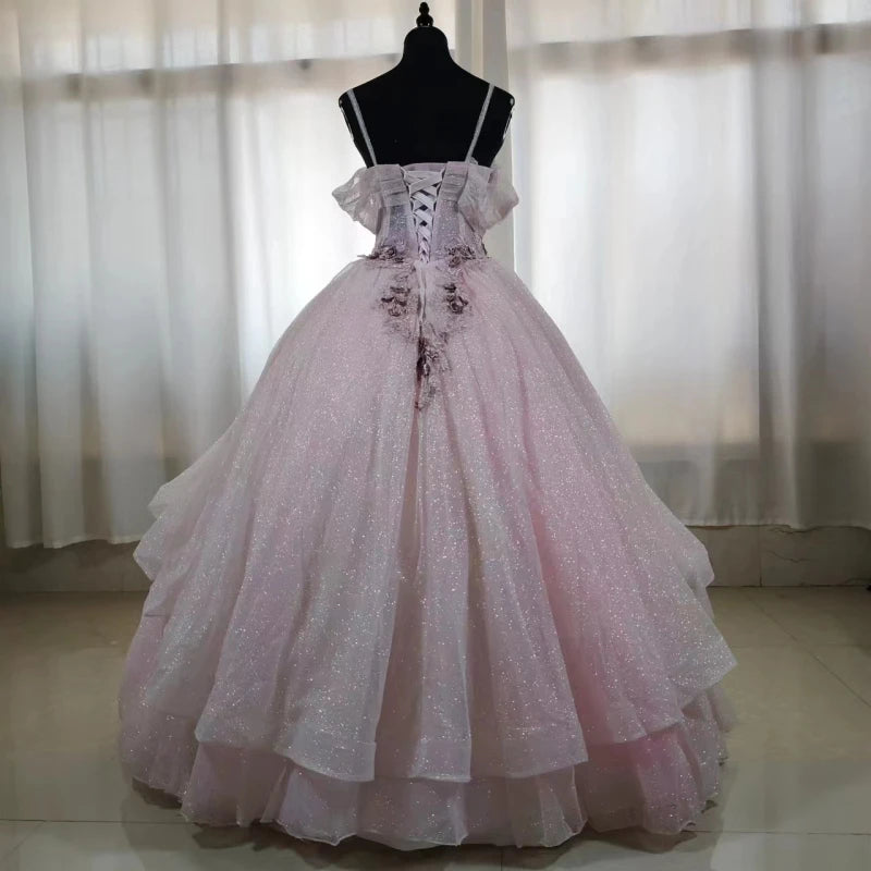 Real Photo Luxury Sequined Ball Gown Spaghetti Strap Pink Quinceanera Dress Sweet Party Vestidos 15 Anos Vintage Plus Size