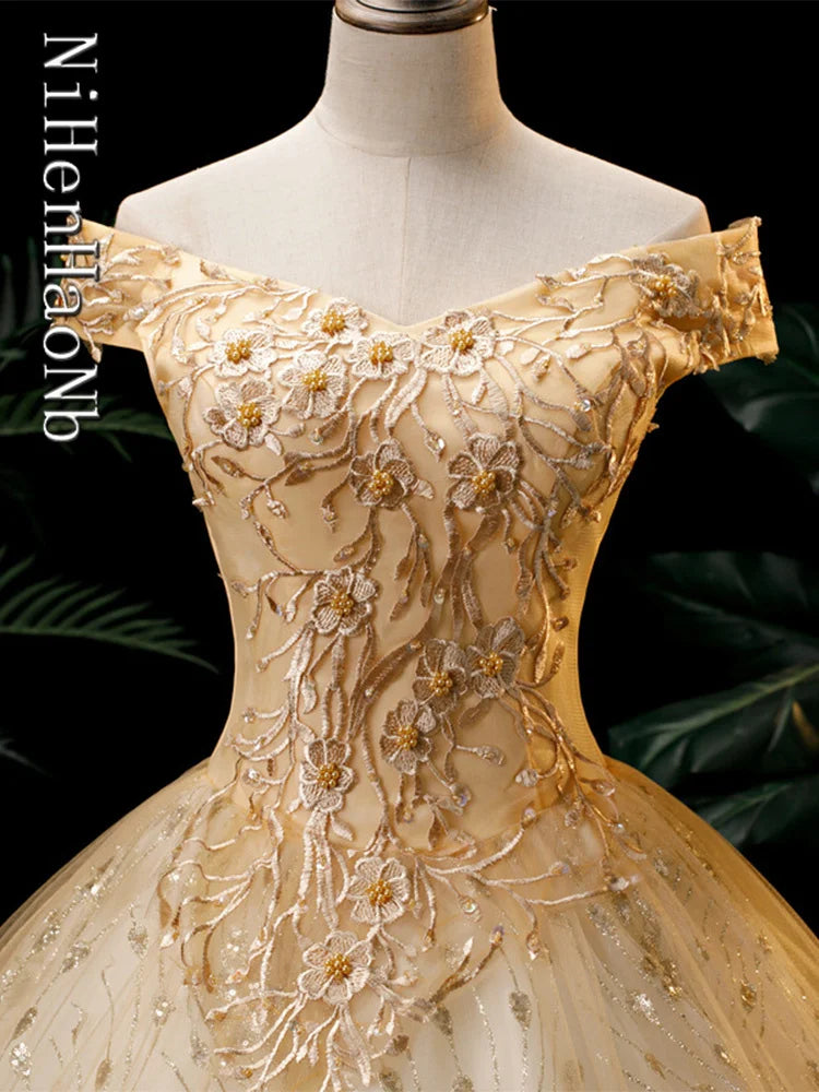 Gold Quinceanera Dress Off The Shoulder Party Prom Dress Ball Gown Vintage Lace Quinceanera Gown Plus Size Vestidos