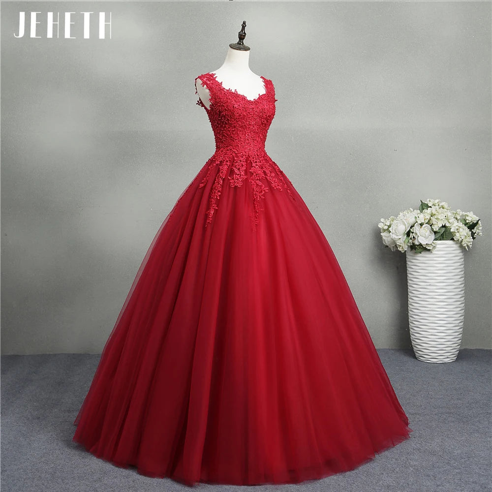 JEHETH Strap Sleeveless Prom Dress Lace Appliques Beading Party Gown for Women Lace Up Floor Length robes Sweetheart Quinceanera