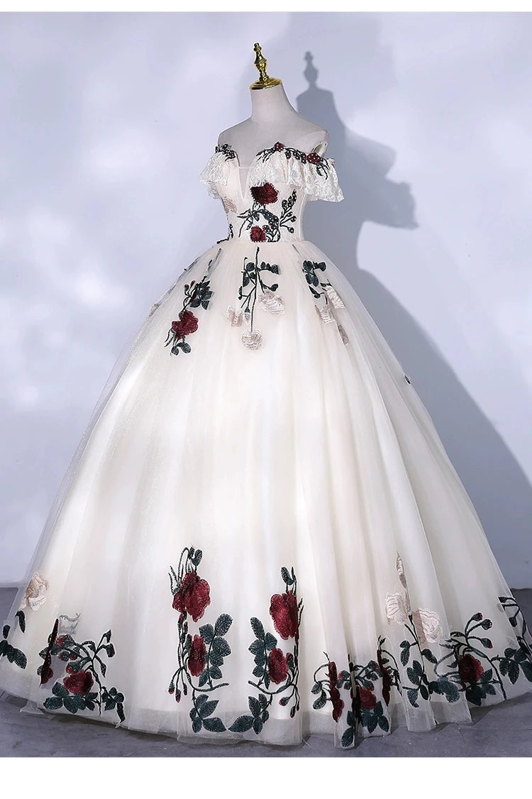 Flowers Lace Appliques Prom Dresses Off the Shoulder Birthday Formal Evening Party Gown For Women Lace Up vestidos de gala mujer