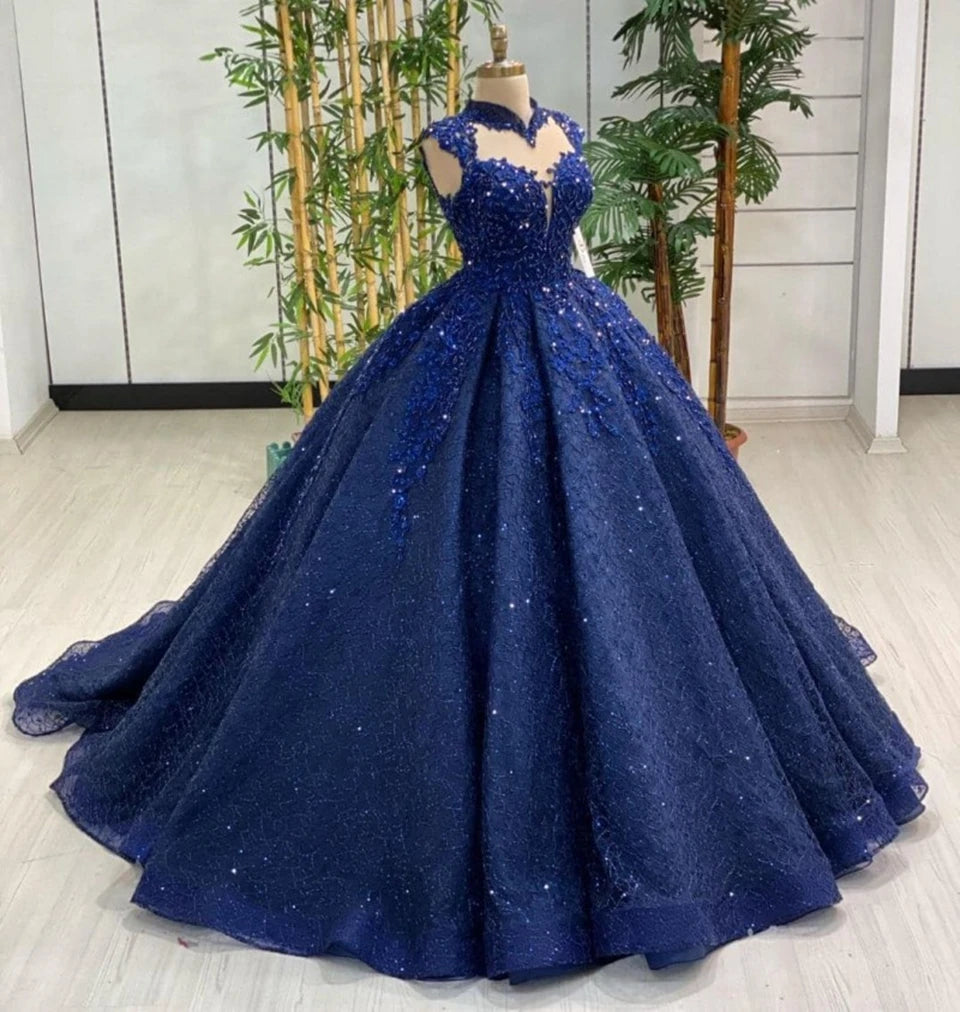 Gorgeous Sleeveless High Neck Quinceanera Dresses 2022 Navy Blue Beading Appliques Sequins Prom Evening Gown Vestido De 15 Años