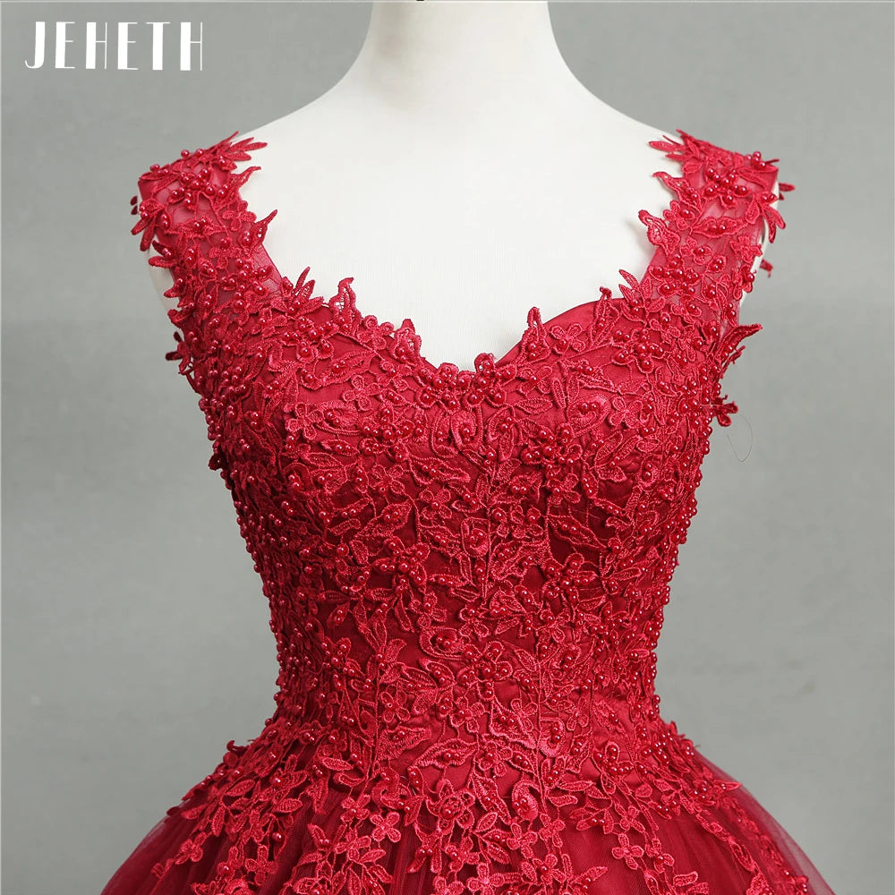 JEHETH Strap Sleeveless Prom Dress Lace Appliques Beading Party Gown for Women Lace Up Floor Length robes Sweetheart Quinceanera
