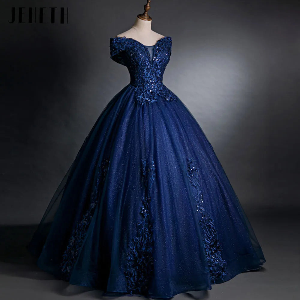 JEHETH Navy Blue Bling Prom Dress Off the Shoulder Sleeves Evening Party Gown for Women Lace Up Lace Appliques