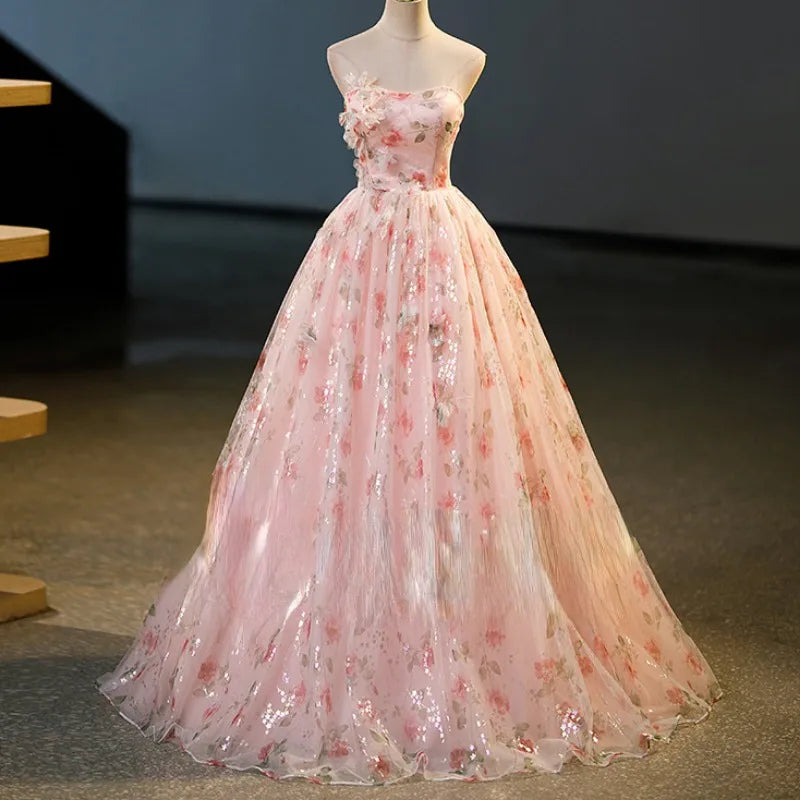 Exquisite  Appliques Evening Dress for Women French Elegant Strapless Party Formal Dress Sweet Print Prom Ball Gown Vestido