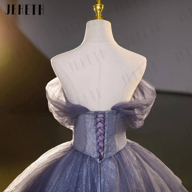 JEHETH Sparkling Off Shoulder Prom Dresses Birthday Formal Evening Party Gown Lace Up vestidos de gala Lux robe femme soirée