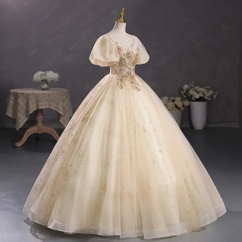 Bomaris Puffy Sleeves Ball Gown Quinceanera Dresses Masquerade Vestidos De 15 Anos Cap Shoulder Lace Birthday Party Gowns HOT
