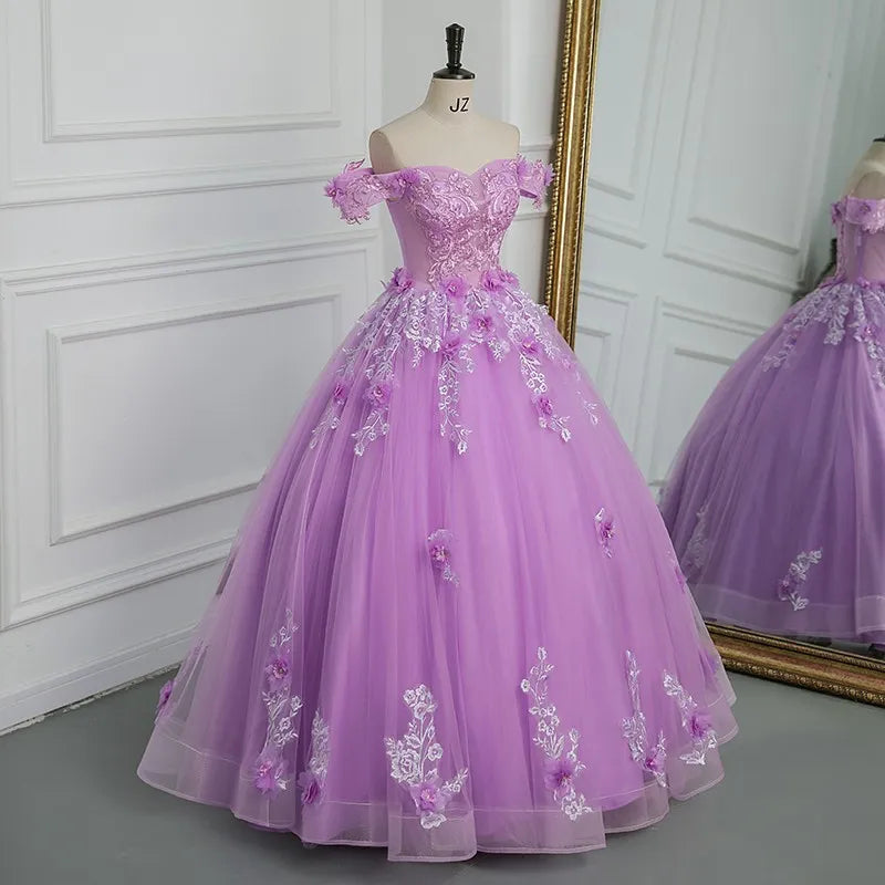 New Off The Shoulder Quinceanera Dresses Purple Tulle Floor-length Ball Gown Sweet Lace Flower Vestido De Debutante Plus Size