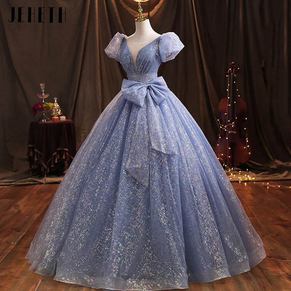 JEHETH Real Photos Glitter Prom Gown Puff Sleeves Princess Birthday Dresses Sparkling robe de bal Formal Evening Party For Women