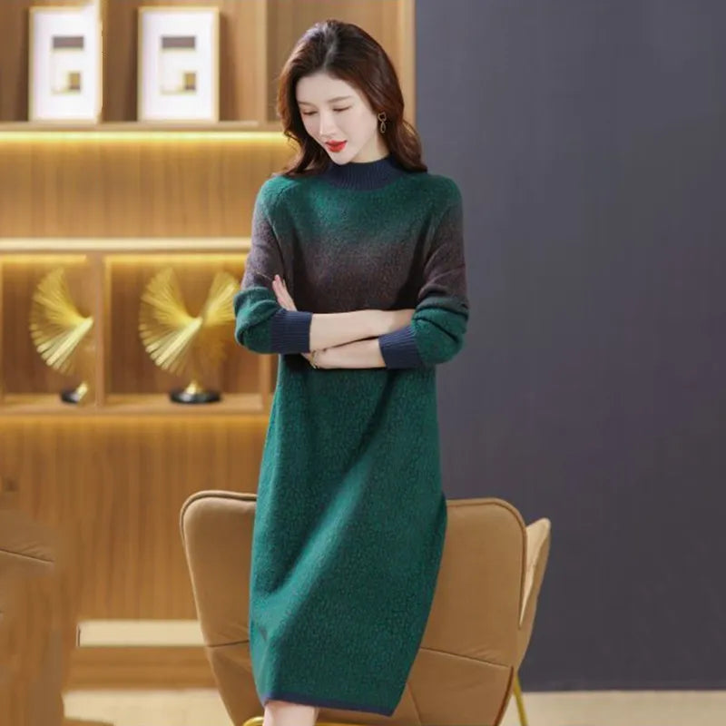 Oversize Women Fashion Knitting Dresses 2023 Vintage Gradient Half High Collar Pullover Office Lady Long Sweater Bottom Dress