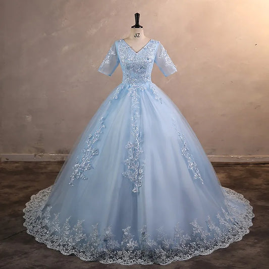 Half Sleeves Quinceanera Dresses Sweet Flower Party Dress Classic V-neck Ball Gown Real Photo Prom Gowns 2023 Autumn New