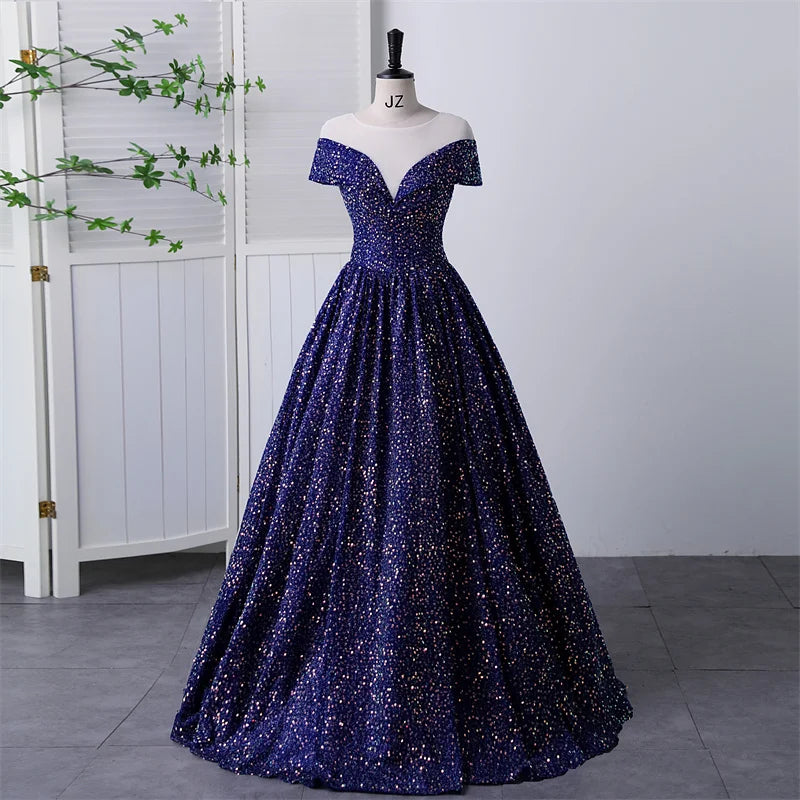 Y&M Novias New O Neck Sequined Blue Quinceanera Dresses Party Prom Ball Gown Classic Lace Embroidery Bead Vintage Plus Szie