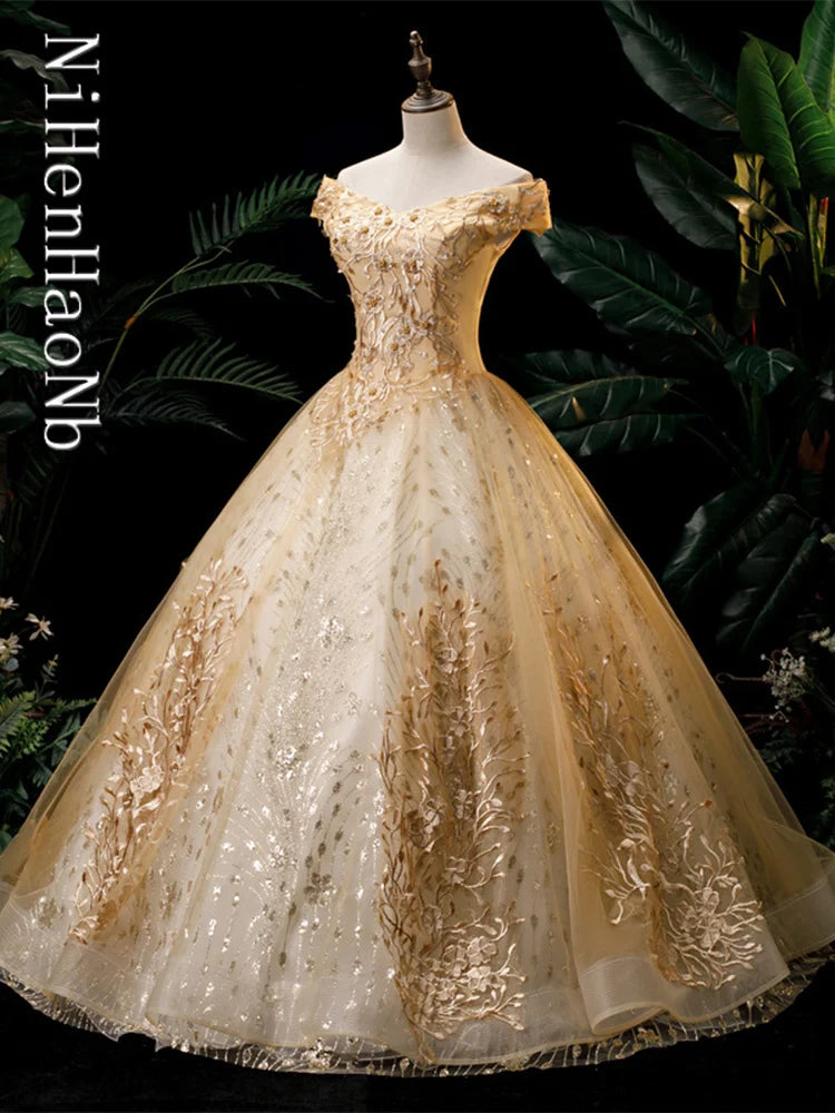 Gold Quinceanera Dress Off The Shoulder Party Prom Dress Ball Gown Vintage Lace Quinceanera Gown Plus Size Vestidos