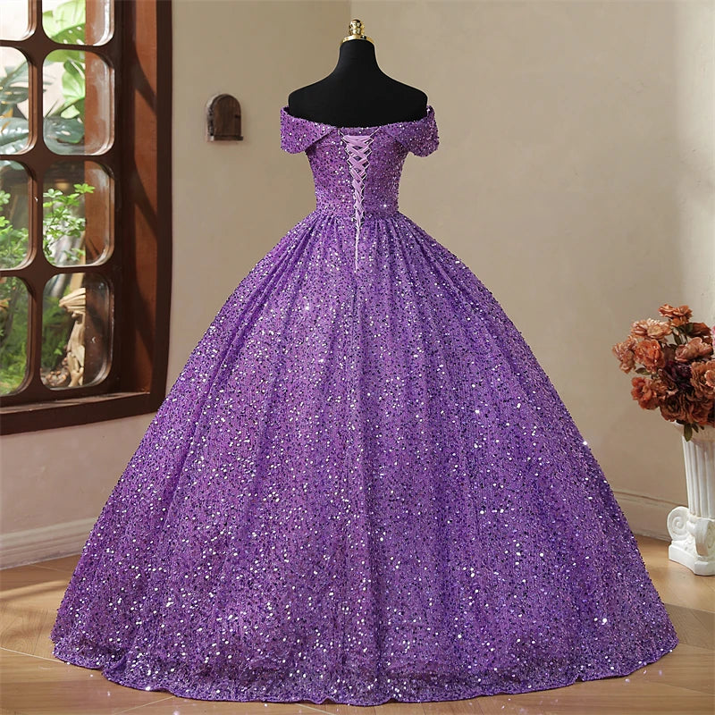 Real Photo Elegant Off Shoulder Sequined Purple Quinceanera Dresses V Nedck For Party Prom Dress Ball Gown Vintage Plus Szie