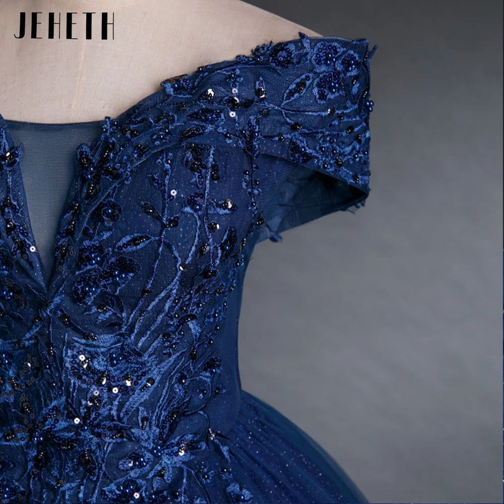 JEHETH Navy Blue Bling Prom Dress Off the Shoulder Sleeves Evening Party Gown for Women Lace Up Lace Appliques
