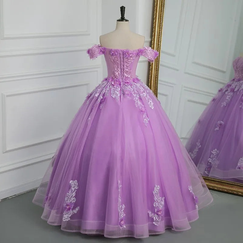 New Off The Shoulder Quinceanera Dresses Purple Tulle Floor-length Ball Gown Sweet Lace Flower Vestido De Debutante Plus Size