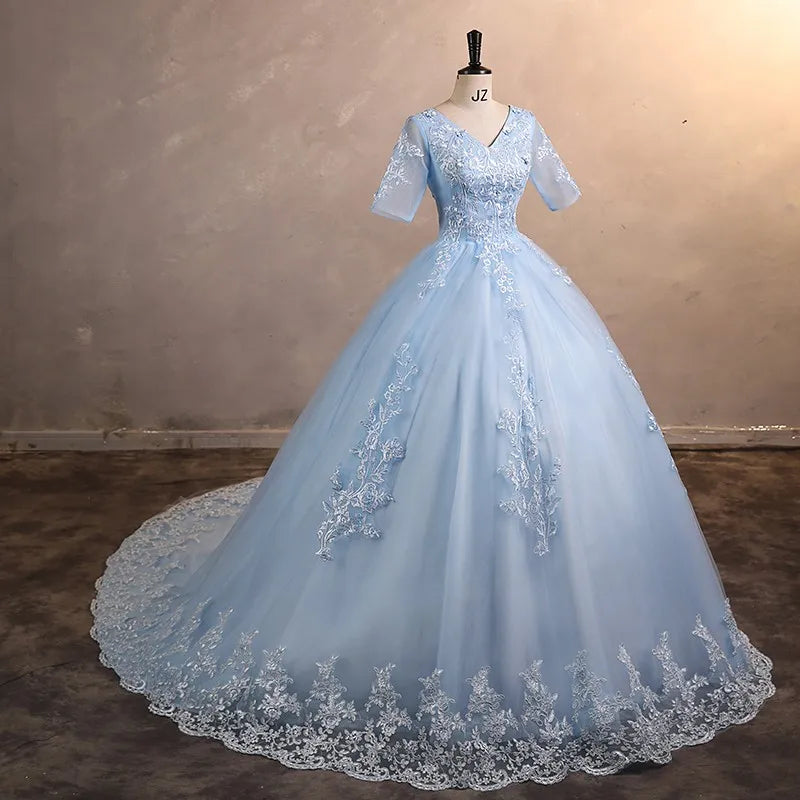 Half Sleeves Quinceanera Dresses Sweet Flower Party Dress Classic V-neck Ball Gown Real Photo Prom Gowns 2023 Autumn New