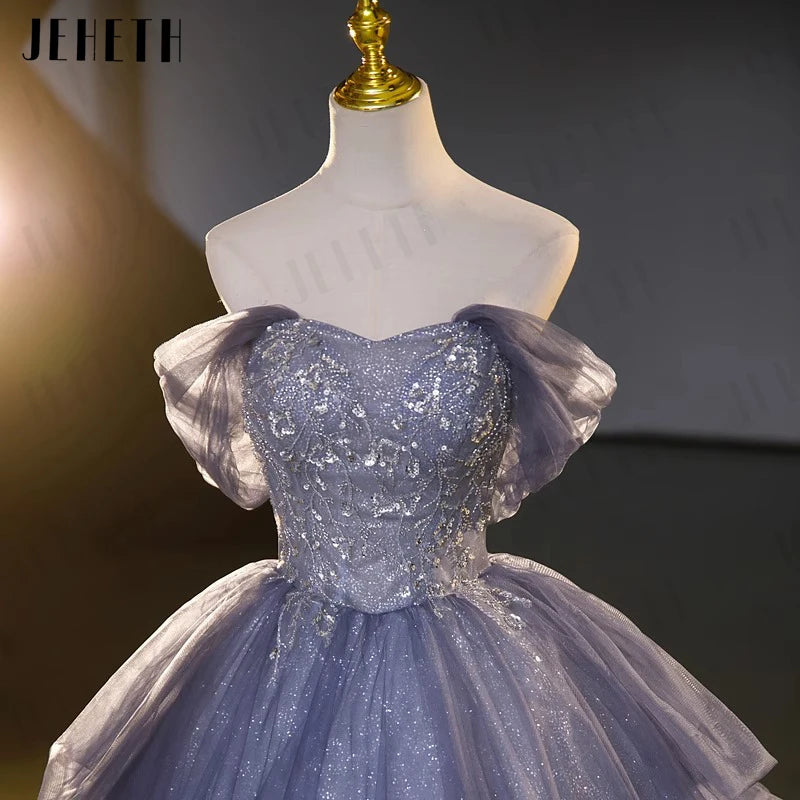 JEHETH Sparkling Off Shoulder Prom Dresses Birthday Formal Evening Party Gown Lace Up vestidos de gala Lux robe femme soirée